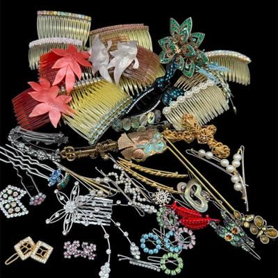Collection Of Fancy Embellished Hair Comes, Barrettes And Lapel Pins.