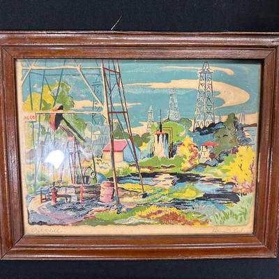 Vintage Oil Field Framed Painting 