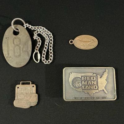 Four Vintage Tags, Key Fob, Belt Buckle And Copper Pendant 