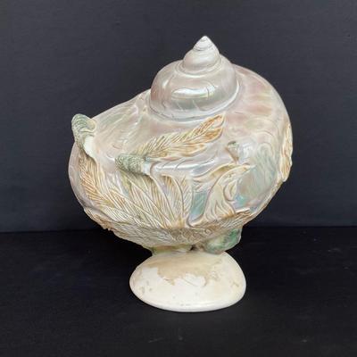 Hand-Carved Iridescent Conch Shell on Natural Base