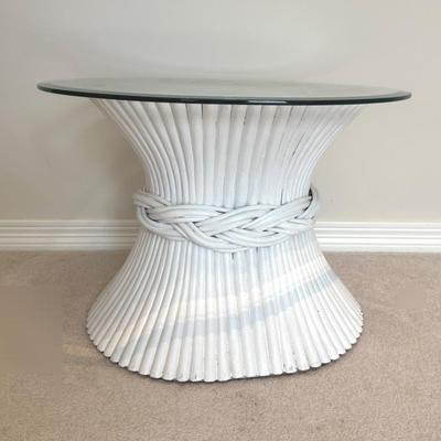 Glass Top “McGuire-Style” White Wheat Side Table