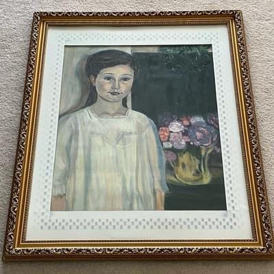 Framed Painting of a Girl with Flowers