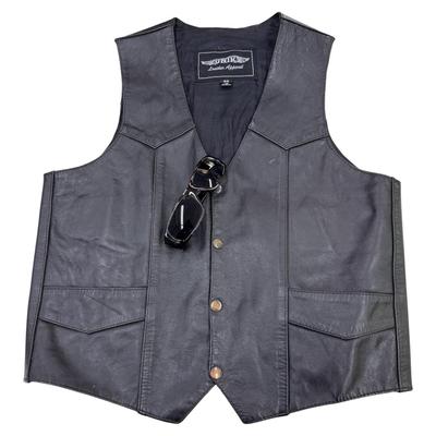 Unik Leather Apparel Black Biker Vest Men’s Size 42 Motorcycle Club Riding Vest + Sunglasses