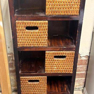 Wooden Storage Shelf with Wicker Baskets