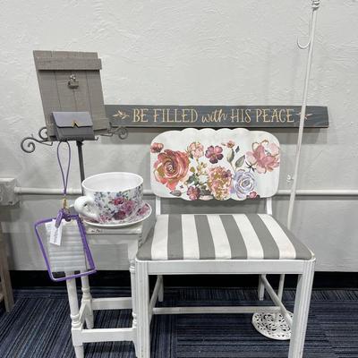 Vintage White Wooden Chair, Table, and Decor