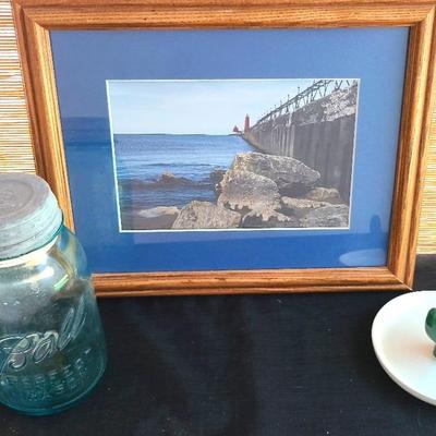 Antique Ball "Perfect Mason" Blue #9 Jar With Lid, Cactus Ring Dish, Pier Print