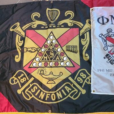 Giant Phi Mu Alpha Fringed Banner, 48"x72", And Smaller White Phi Mu Flag