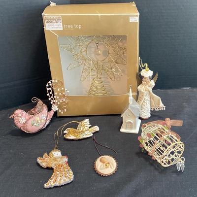 Gold Toned Star Tree Topper, Felt & Bead Ornaments (birds, Angels, Church, Willow Tree)