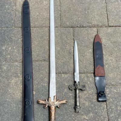 Dagger & Longsword W/ Leather Sheaths, Blades Marked Pakistan (10.5” & 31” Blades)