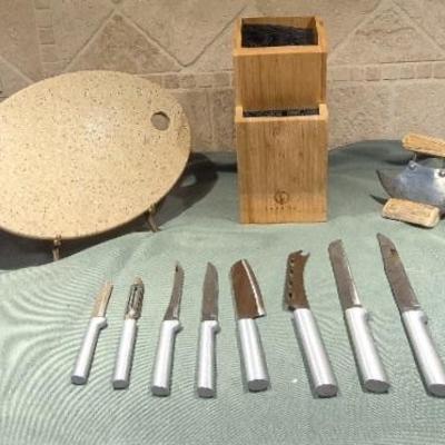 Vintage Ulu Knife and RADA Cutlery Set of 8 with Luxano Wooden Knife Holder 