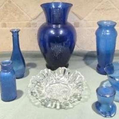 Vintage Federal Glass "Pioneer Fruit" Pattern and Blue Glass Assortment 
