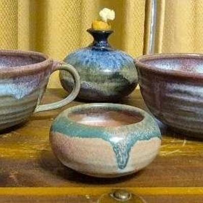 Signed Clay Bowls, Cups, Candles