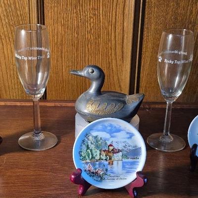 Vintage Pewter Duck Trinket  Box, (3) Plates. 2 Wine Glasses