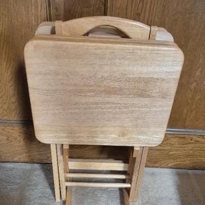 Vintage Solid Wood TV Trays (4) With Stand Fold Out 