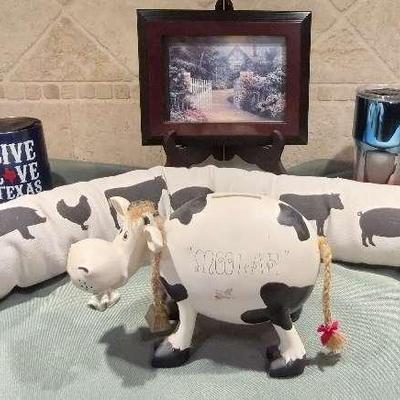 Vintage 1975 "Moolah" Piggy Bank, Farm Animals Linen Draft Stopper, and More 
