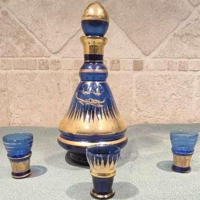 Rare 19th Century Cobalt Blue with Gold Guilding Decanter & Shot Glasses 