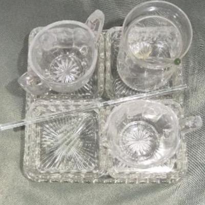 Vintage Starburst Cut Glass Nesting Square Candy Dish & Golden Wheat Etched Creamer and Honey Jar
