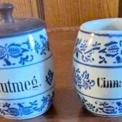 Two Vintage Antique Porcelain Spice Jars,, Blue Onion 