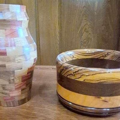 Segmented Wood Vase & Vintage Handmade Turned Wood Bowl