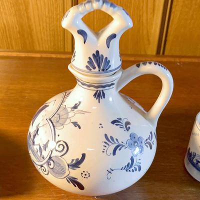 Vintage Erven Lucas Blue White Ceramic Cruet Decanter, Porcelain Shoe, & Small Cup