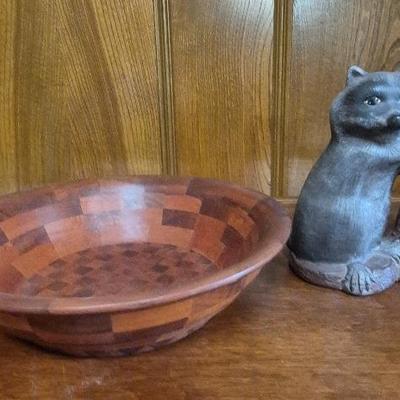 Vintage Woven Parquet Salad Bowl & Ceramic Raccoon Figurine