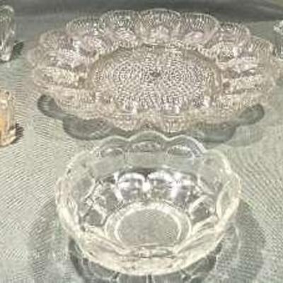 Set of 2 Princess House Crystal Silverware Caddy, Vintage Glass Hobnail Deviled Egg Plate & More 