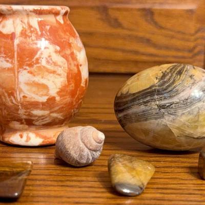 Small Alaskan Clay Vase, Onix Egg, Tumbled Rocks, And More 