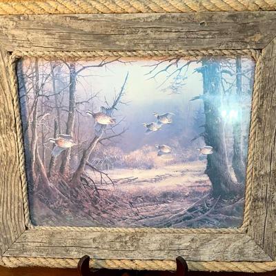 Vintage Art Print Of Ruffled Geese Flying In Wood Frame Wrapped In Rope 