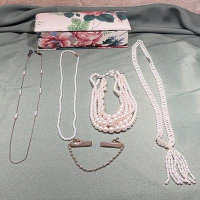 Vintage South Sea Faux Pearl Necklace Assortment with Floral Jewelry Box