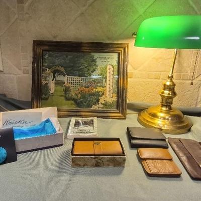 Vintage Robinson Gin Co. Frames Advertising Thermometer with Vintage Bankers Lamp & More