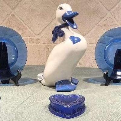 Porcelain Duck Figurine, Vintage Jeannette Delphite Blue Glass Shakers and More