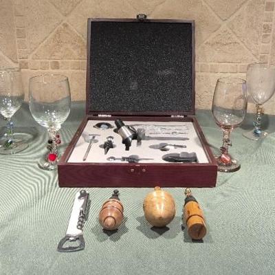 Wine Accessories Areator Wine Opener Kit with Decorative Wine Glasses Set of 4 (1 is Plastic)4