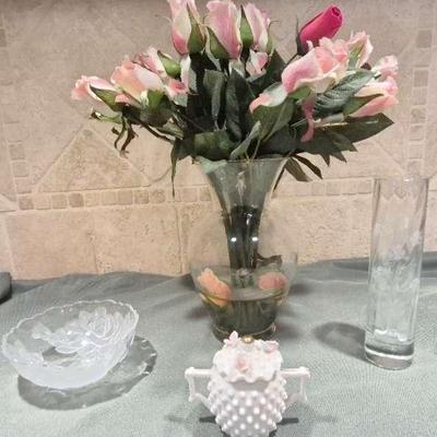 Vintage Frosted Glass Bowl with Flowers, Vintage Milk Glass Mini Creamer and More 