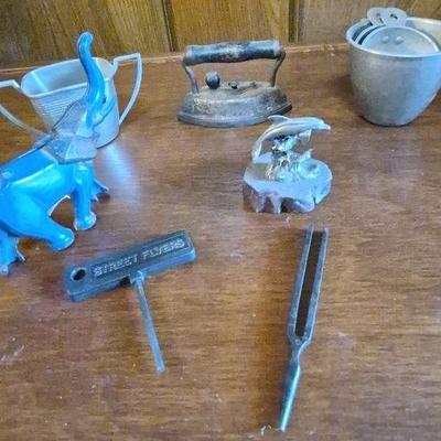 Solid Cast Iton Flat Iron, Tuning Fork,  Vintage Mechanical Elephant Coin Bank & More