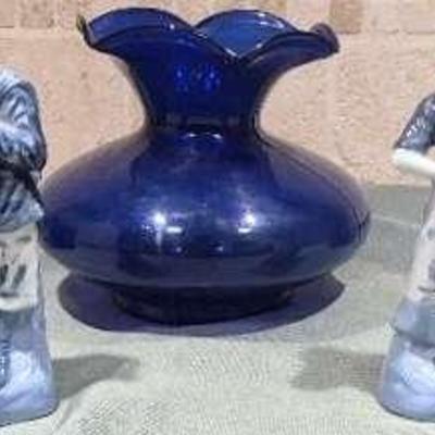 Vintage Japanese Porcelain Blue & White Sailor and Dutch Girl, Cobalt Blue Bud Ruffle Vase, & More 