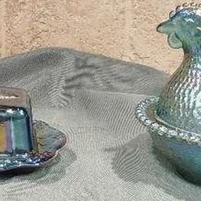 Vintage Indiana Carnival Glass Iridescent Harvest Grape Candy Dish & Hen On Nest Trinket Box