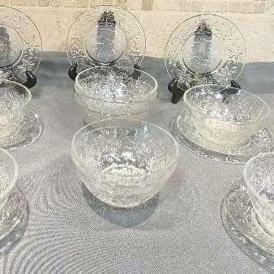 Set of 9 Vintage Fantasia Crystal Coupe 5 1/4" Soup Bowls  with Set of 7 Frosted Center Saucers . 
