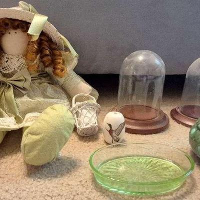 Small Green Depression Glass Dish, Trinket Jar, Doll, And More 