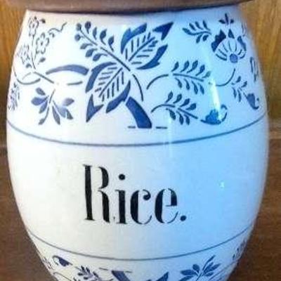 Vintage Blue Onion Jar With Lid For Rice 6" X 5"