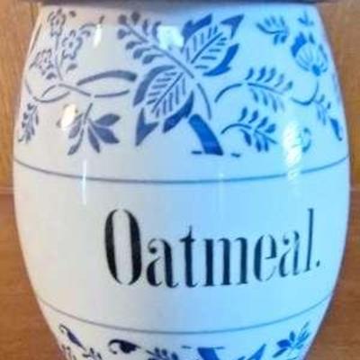 Vintage Blue Onion Jar With Lid For Oatmeal  6" X 5"