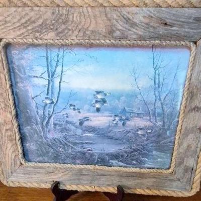 Vintage Art Print Of Ducks Flying In Wood Frame Wrapped In Rope 