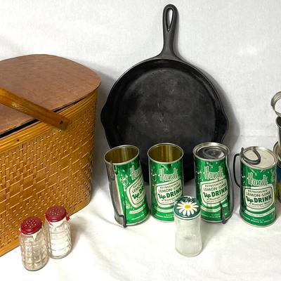 Vintage Hawkeye Wicker Basket, Tins & Cast Iron 