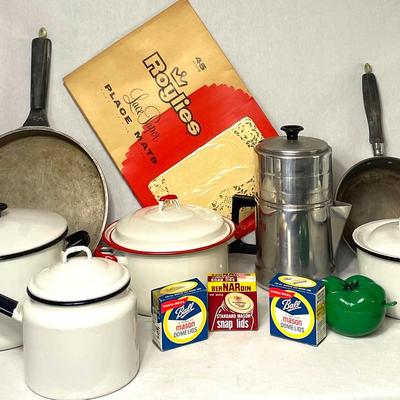 Aluminum Coffee Pot & Vintage Enamelware Pots  