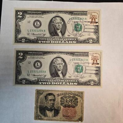 De344 10 cent u s fractional currency note & 1976 $2 note