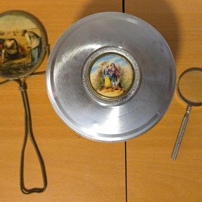 1920s Musical Powder Box, Magnifying Glass, Art Print Hand Mirror 