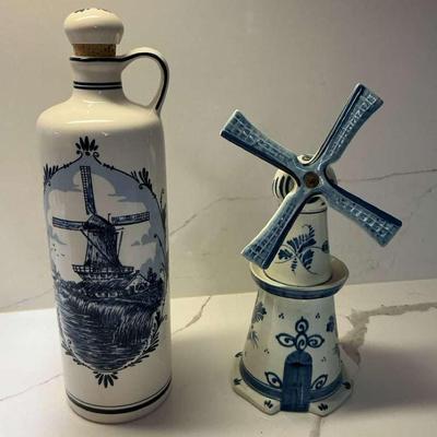 Delfts Windmill And Hand Painted Distillery Jugs