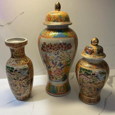 Set Of Three Hand Painted Glazed Chinese Vases And Ginger Jar