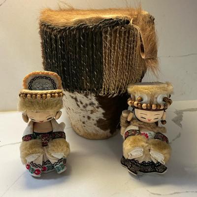 Small Wooden Asian Dolls And Horse Hair Drum 