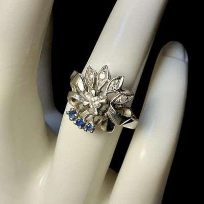 14k White Gold Diamond & Blue Stone Ring (Size 5.5) (3.69 Grams)