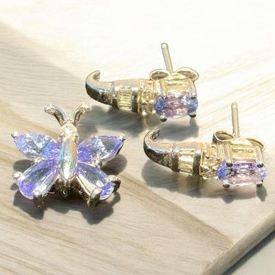 14k White Gold Diamond Purple Stone Butterfly Pendant & Earring Set (2.84 Grams)